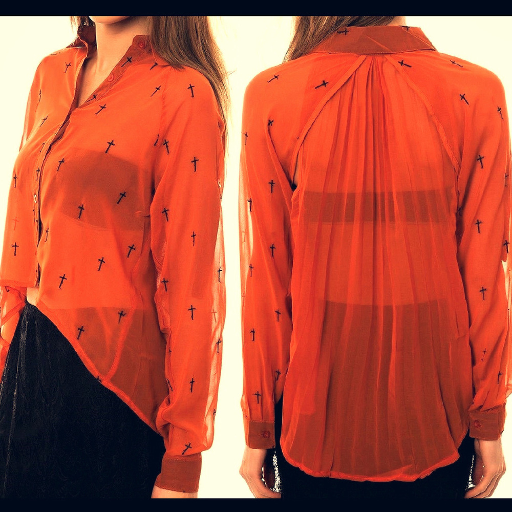 Embroidered Cross Sheer BLOUSE High Low Hem TOP M